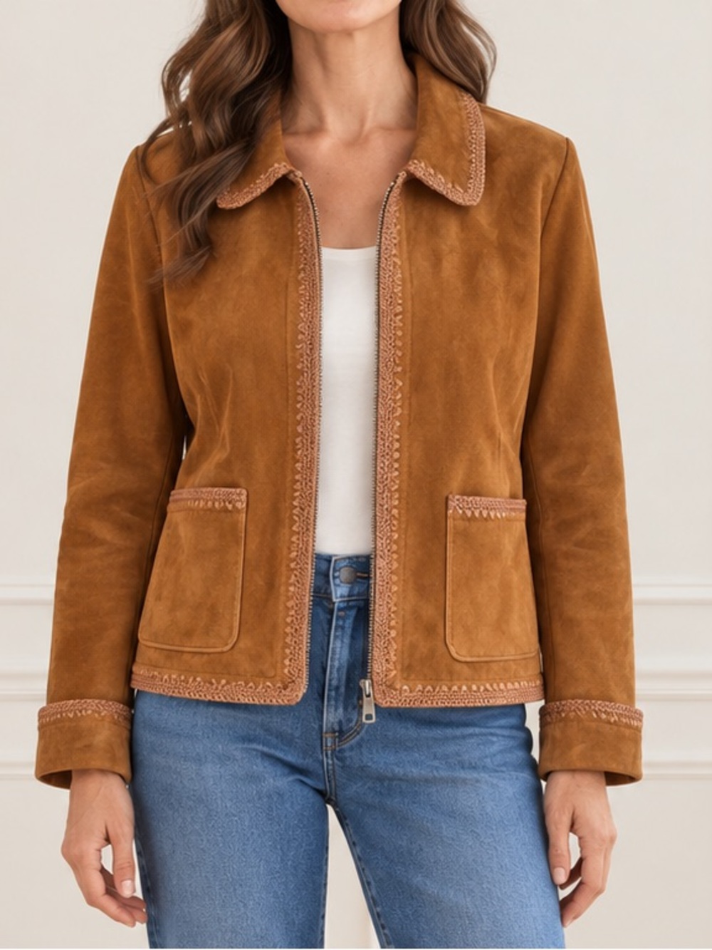 Christopher & Banks Suede Leather Jacket Sz XL Cognac Crochet Trim Zip Boho VTG